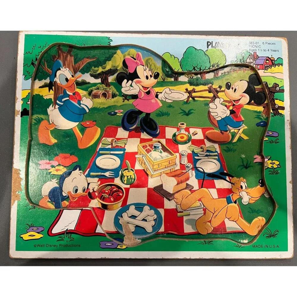Vintage Mickey Mouse & Friends Playskool Wooden Inlaid Puzzle Complete Disneyana